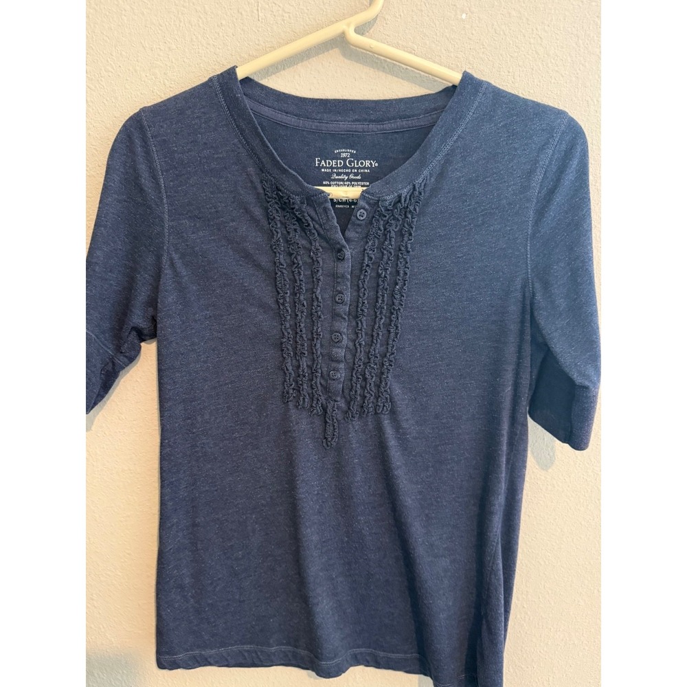 Faded Glory Navy Ruffle Henley Top Size Small PTP 15" Length 23" Elbow Sleeve Te